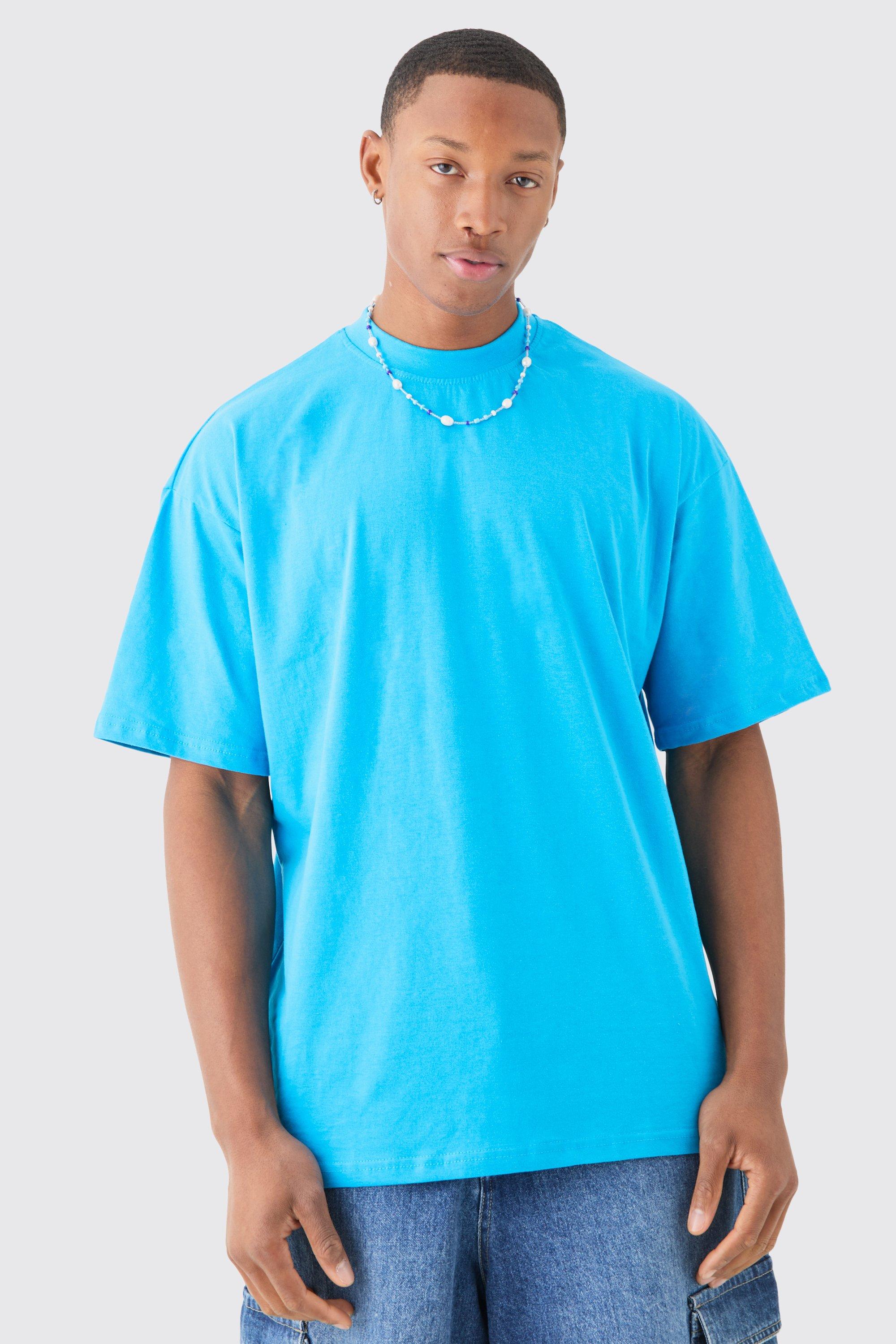 Mens Blue Oversized Extended Neck Basic T-shirt, Blue